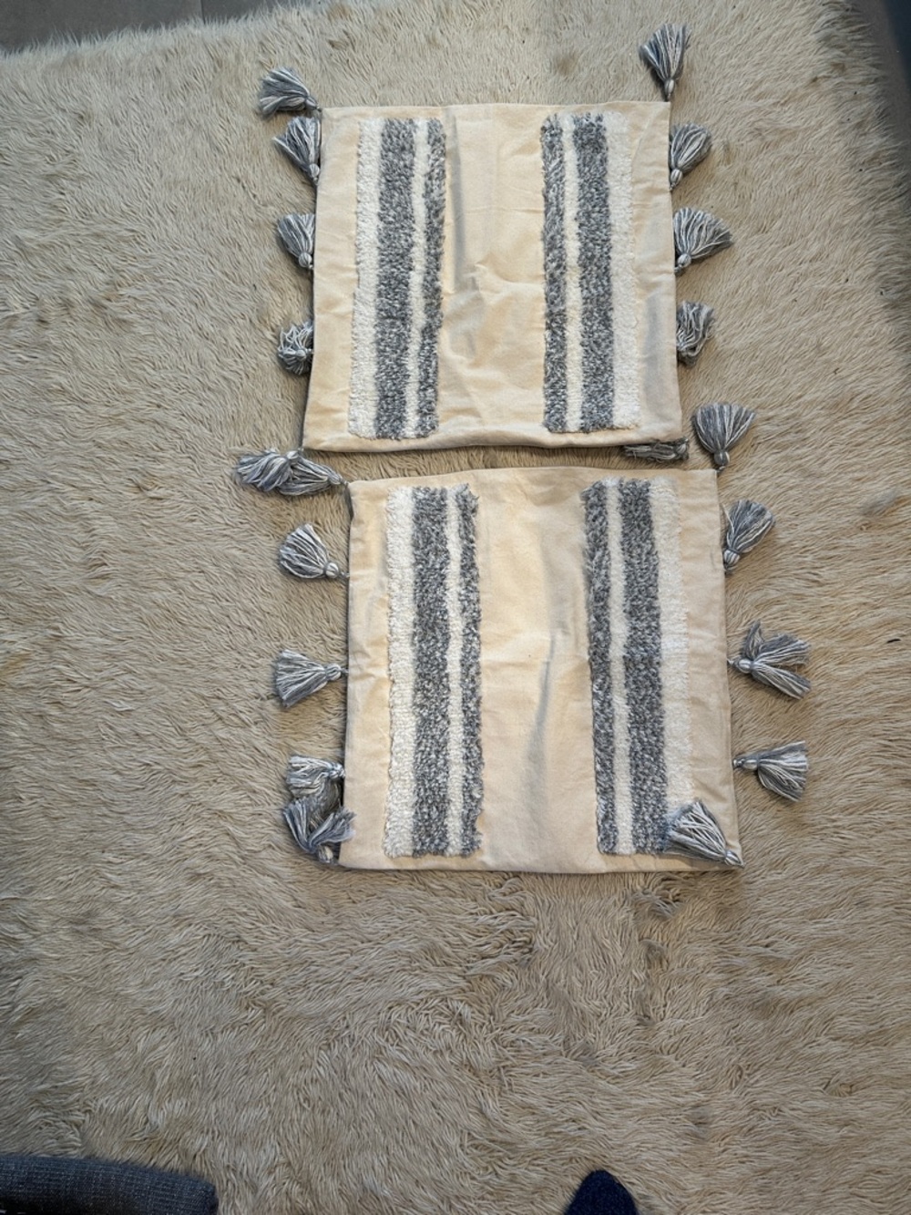 Cream and Gray Tassel Throw Pillow Covers (Pair)